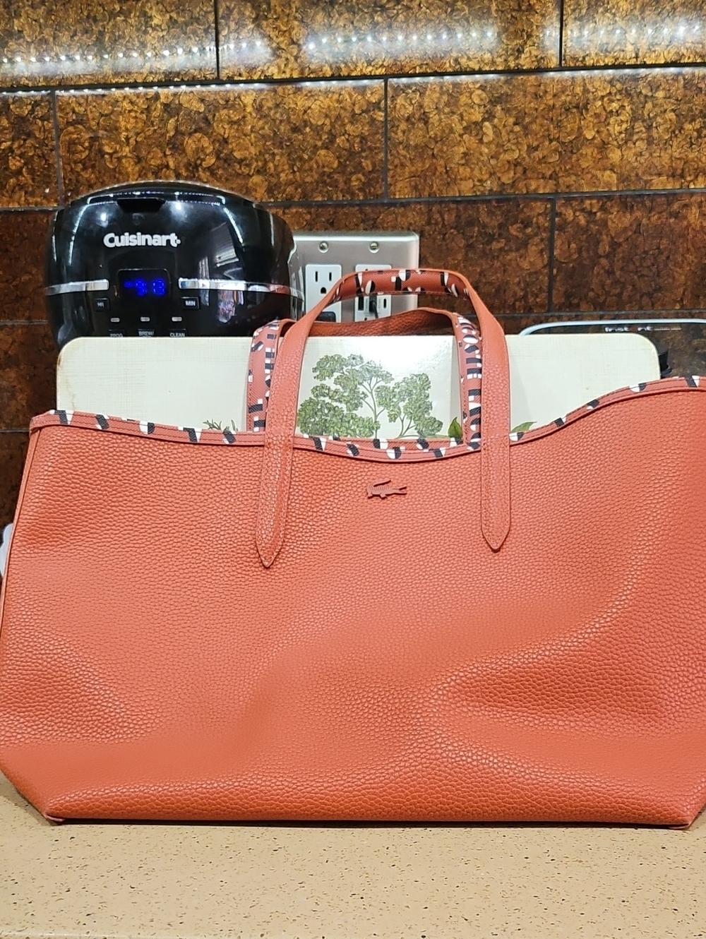Lacoste Coral-Pink Pebbled Leather Reversible Tote Bag with Patterned Trim